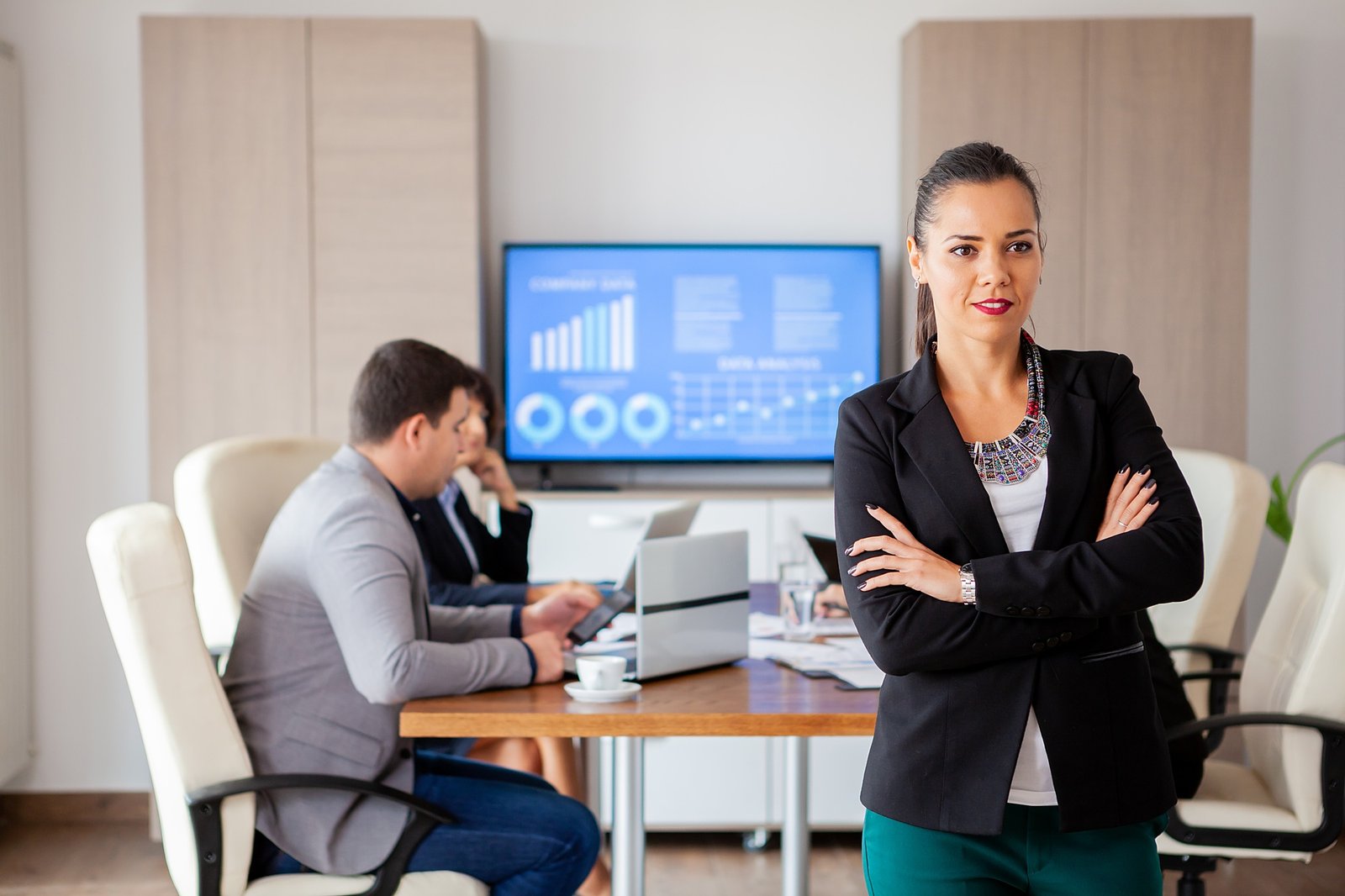 Happy beautiful bussines woman in conference room.
